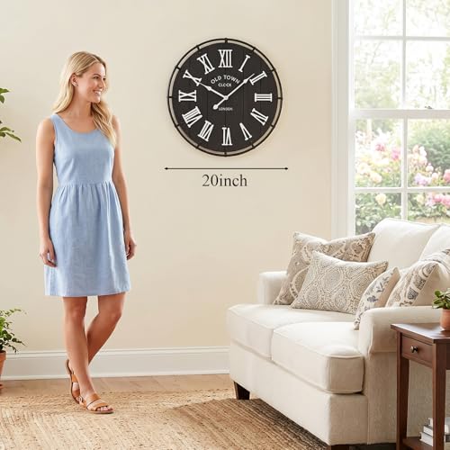 Image of EMAX HOME 20 Inch Large Farmhouse Wall Clock, Rustic Black Distressed Wood Grain Face with White Roman Numerals, Silent Non-Ticking Quartz Movement, Metal Frame Wall Decor for Living Room, Bedroom.