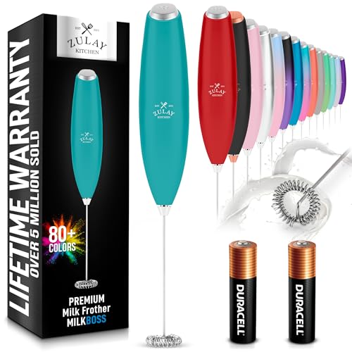 Zulay Kitchen Handheld Milk Frother with Duracell AA Batteries – Ultra Fast Electric Mixer & Foam Maker, Easy-Clean Drink Mixer for Coffee & More - Caribbean Aqua 2B