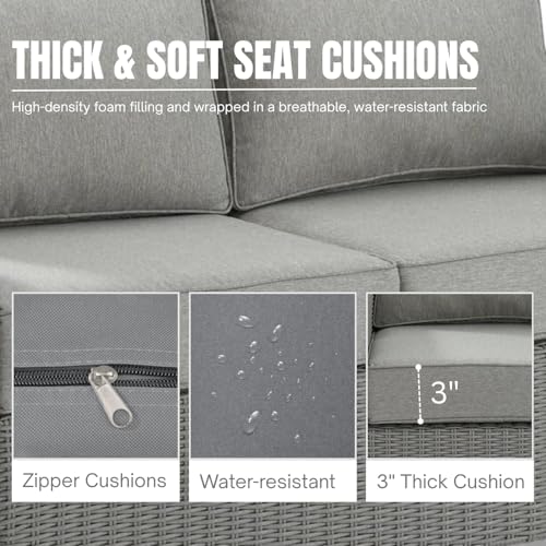 Image of DEVOKO 4 Pieces Patio Furniture Set, Outdoor Sectional Sofa HDPE Wicker Conversation Set Outside Couch with Table for Porch, Lawn, Garden, Backyard (Silver)