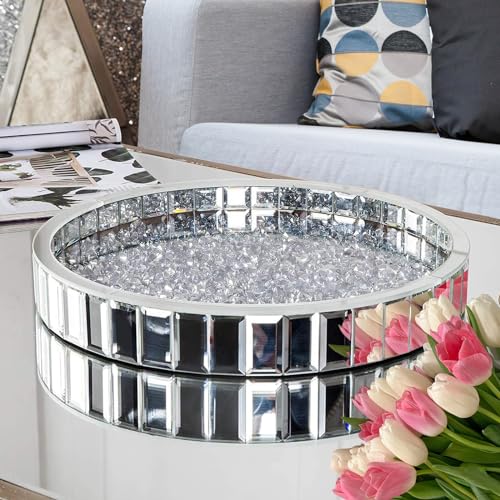 HMRCYTE Round Crystal Mirror Tray, 13.78" Silver Crushed Diamond Vanity Tray Organizer, Luxury Jewelry Perfume Makeup Tray, Glass Coffee Table Tray for Bathroom Bedroom Kitchen Counter Home Decor