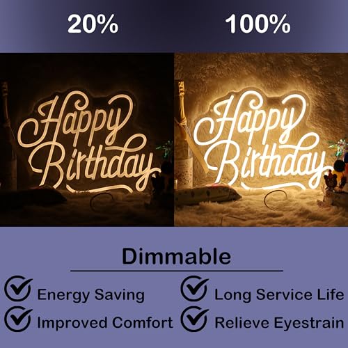 Image of Happy Birthday Neon Sign For Backdrop Birthday Decorations LED Neon Light Signs for Birthday Led Light Up Sign Party Decor Dimmable Warm White LED for Birthday Gift 16.5 inchx12.4 inch