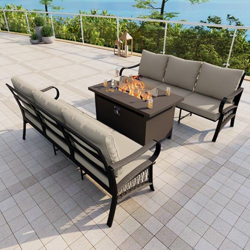 Image of Outdoor Furniture Set, Patio Conversation Set Include 2 x 3-Seater and Fire Pit Table for Deck, Porch, Garden, Backyard, Poolside (Beige, 3-Piece)