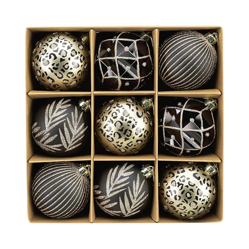 DecorbyHannah Christmas Ornaments, 9ct 80mm Large Gold and Black Christmas Tree Decorations, Shatterproof Decorative Leopard Theme Ball for Tree, Home Decor