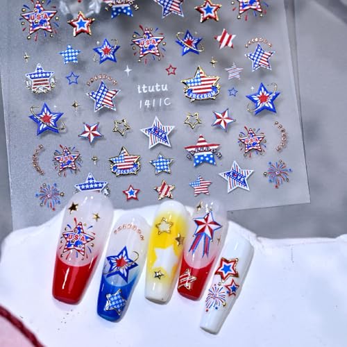 Image of Star Nail Stickers Independence Day Nail Art Stickers Firework Nail Decals for Nails Art 5D Embossed with Red Blue Design Nails Charms Supply for Women 4th of July Manicure Decoration Accessories