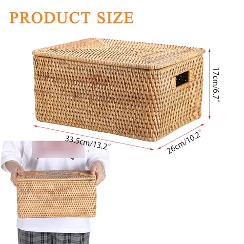 Hipiwe Wicker Storage Bins with Lid Handwoven Rattan Baskets Rectangular Decorative Shelf Baskets Bin with Handles Household Basket Boxes for Home Organizing,13.2"L x10.2"W x6.7"H - Image 3