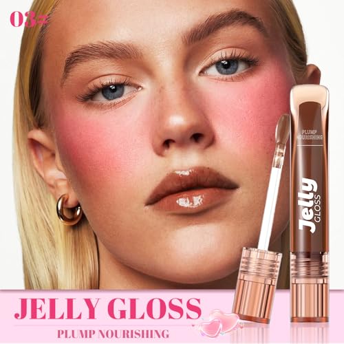 Image of WanTuoluo Jelly Lip Gloss, Soft Lip Tint, Instantly creates a Sheer Glass-like Shine, Cool Blue Red Rose Mocha Bean Chocolate Brown Colors, Smoothing, Moisturizing, Plump and Hydrated (B03)