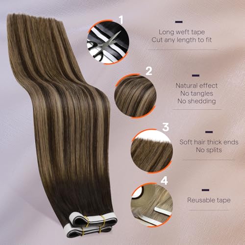 Image of Full Shine Genius Weft Hair Extensions, Dark Brown Highlight Mix 22 Inch | 50g 1 Piece, Seamless Invisible Hand Tied Weft Tape in Extensions, Quick Install Lightweight Base for Daily Wear