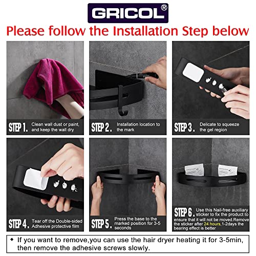 Gricol Bath Corner Shower Shelves Adhesive Caddy, Adhesive Bathroom Shelf Wall Mounted, No Drilling Kitchen Racks Shower Organizer Basket, Aluminum Storage for Bathroom Kitchen
