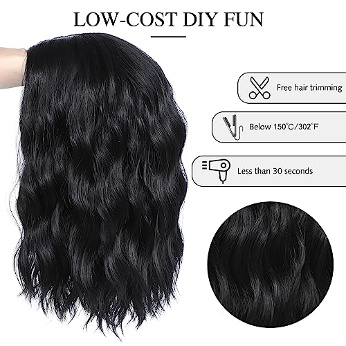 Image of Rose bud Wavy Bob Wig Natural Wig Natural Black Synthetic Hair Shoulder Length Short Curly Middle Part Lace Front Wigs for Women