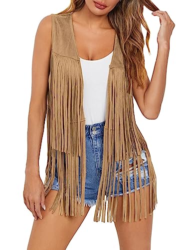 Dokotoo Womens Summer Tops Cowboy Chic Fringe Vest 70s Theme Birthday Party Boho Hippie Costume Rodeo Club Night Cowgirl Western Outfit Bohemian Country Concert Outfits for Women Vests Khaki X-Large