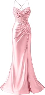 Mermaid Prom Dresses with Slit for Women Lace Appliques Satin Prom Dress Spaghetti Straps LW09 - Buy now