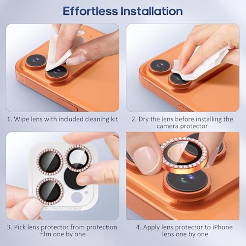 Image of for iPhone 17 Pro / 17 Pro Max Camera Lens Protector Bling, Individual Diamond Metal Ring with 9H Hardness, Scratch-Proof Camera Screen Protector, Stylish Accessories, Case Friendly (Orange)