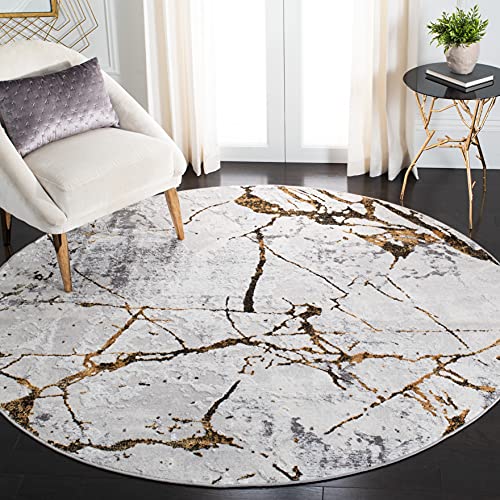 SAFAVIEH Amelia Collection 8' Round Grey/Gold ALA293G Modern Abstract Non-Shedding Living Room Dining Bedroom Foyer Area Rug