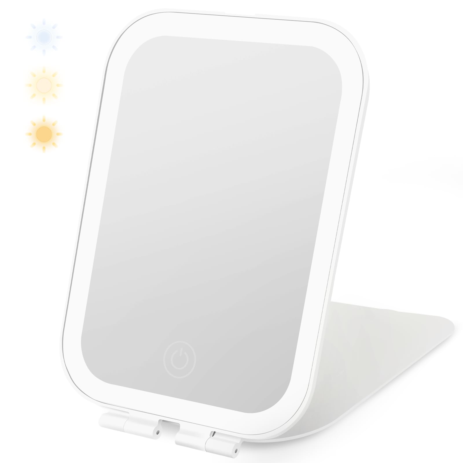 Travel Makeup Mirror with Light, Rechargeable Portable Mirror with Dimmable Touchscreen, Folding Mirror for Travel, Office, Home, 3 Colors of LED Lights, Gift for Girls (White)