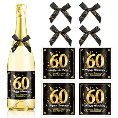 HOWAF 4 Flaschenetikett 60. Geburtstag, Alles Gute zum Geburtstag Flaschenetiketten Selbstklebend Schleife, Flaschenetikett 60 Geburtstag Geschenk Geburtstagsgeschenk für Frauen Männer