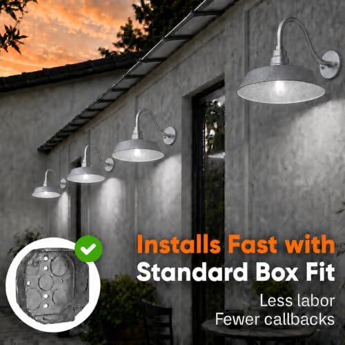 Image of 14in. Galvanized Finish Outdoor Gooseneck Barn Light Fixture with 14.5 in. Long Extension Arm - Wall Sconce Farmhouse, Vintage, Antique Style - UL Listed - 9W 900lm A19 LED Bulb (5000K Cool White)