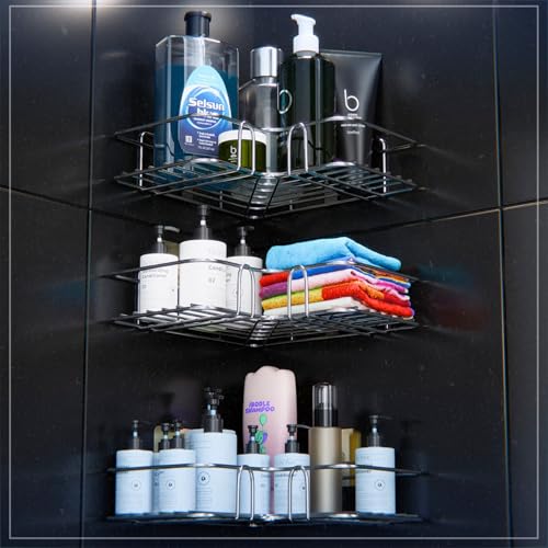 Image of Stainless Steel Corner L Shelf Storage Organizer Bathroom & Kitchen | No Drill Self Adhesive Corner Stand for Kitchen Sink | Wall Mount Bathroom Organiser Shelves Rustproof (Set of 3)