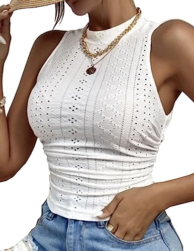 HOTOUCH Cute Tops for Women Summer Tank Crop Tops Sexy Eyelet High Neck Casual Sleeveless Shirt White