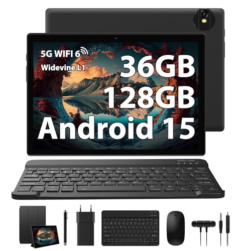 RUSHAR Tablet 10 Pollici Android 15 con Tastiera- 36GB RAM+ 128GB ROM(1TB TF), Octa-Core | WiFi 6 | 8000mAh | 1280 * 800 | 8MP+5MP | Widevine L1 | Bluetooth 5.0, Tablet in Offerta con Mouse - Nero