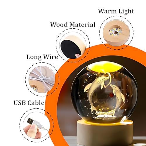 Image of 3D Crystal Ball Night Light with Wooden Base, Aesthetic Clear LED Lamp for Home and Bedroom Touch Switch, Warm Light for Kids and Teens Perfect Birthday & Anniversary (Dolphin Lamp)
