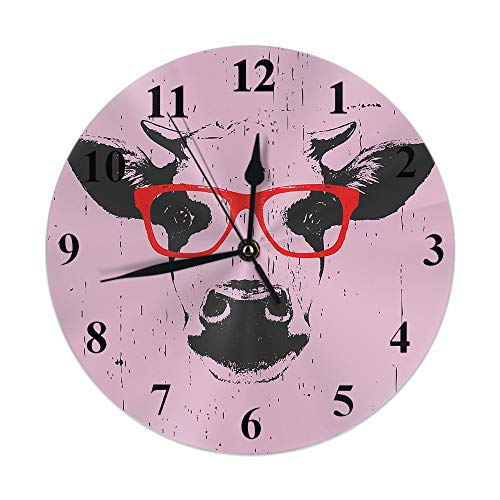 Vache Horloge Vintage Animal de Ferme Croquis de Tête de Vache avec Lunettes Rouges Doodle Horloge Murale Ronde 10 Pouces Silencieux Non Coutil Horloge à...