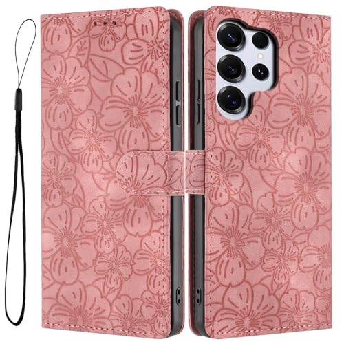 Coque Samsung S23 FE à rabat magnétique avec motif fleuri et porte-cartes rose