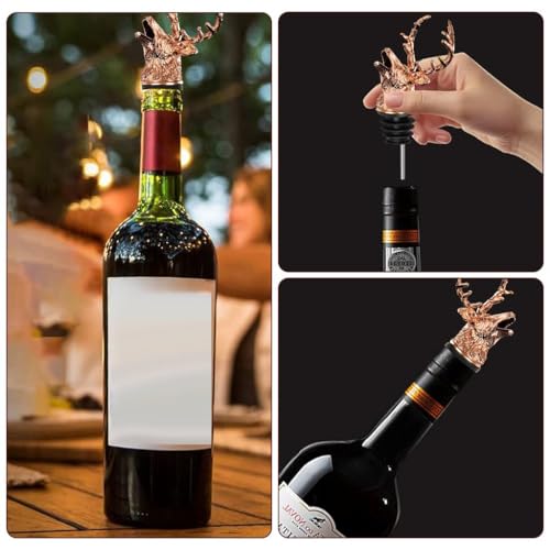 Image of HASTHIP Red Wine Stoppers for Wine Bottles, Wine Dispenser Universal Wine Bottle Stopper Spout for Wine Bottle Rose Golden Buck Deer Statue Wine Pourer Aerator Stopper Wine Accessories Gift