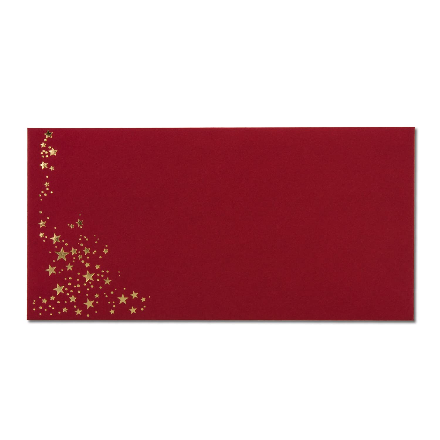 Lot de 250 enveloppes avec étoiles métallisées – Format DIN long – Pluie d'étoiles dorées en relief – Couleur : rouge foncé, fermeture autocollante, 120 g/m² – 110 x 220 mm – Idéal pour Noël