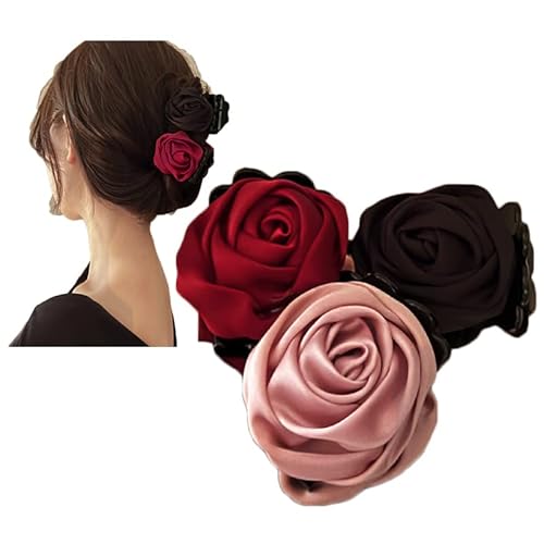 3 pièces ruban soie rose fleur arcs pinces à cheveux, barrettes à mâchoires florales pinces pour femmes cheveux épais, grandes pinces à cheveux antidérapantes forte tenue pour femmes cheveux fins Cover
