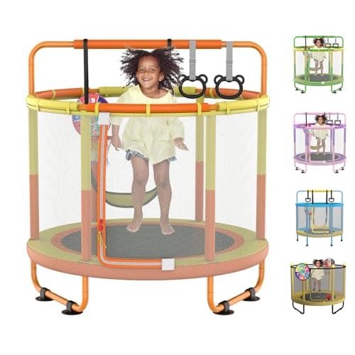 LANGXUN 60" Trampoline for Kids, 5ft Toddler Mini 6-in-1 Trampoline Indoor Outdoor with Swing, Basketball Hoop, Dart Board, Gymnastics Bar, Rings, Chr