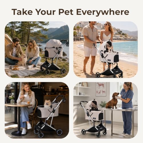 Image of T4 Pet Stroller for Small Medium Dogs, Cat Strollers for 2 Cats, 4 Wheels Folding Pet Stroller for Cats with Pad, Canopy and Cup Holder, Beige