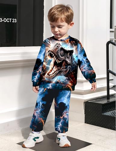 Image of Boys Clothes, T-Rex Print Dinosaur Boy Clothes Fall Winter Outfits Long-sleeved Hooded Sweatshirt Pants 2Pcs Set