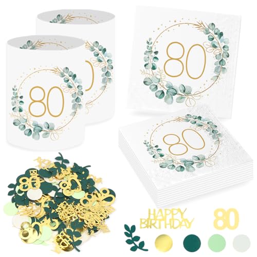 Sprinlot 20 guardanapos 80 aniversários + 12 suportes de mesa para 80 aniversários, guardanapos de aniversário de Eucalipto verde confetes decoração para 80 anos aniversário homem mulher