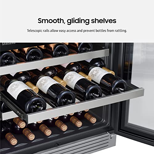 SAMSUNG 34-Inch Wine Cooler Refrigerator, 51 Bottle Capacity, Freestanding, Under Cabinet Fridge w/ Dual Temperature Zones, LED Lighting, Fingerprint Resistant, RW51TS338SR/AA, Stainless Steel on Fridge.com
