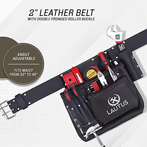 Image of LAUTUS 5 Pocket Oil Tanned Leather Tool Belt - Multifunctional Tool Pouch /Bag /Apron Carpenter, Construction, Framers, Handyman, Electrician | 30-Inch to 46-Inch | Brown| Hammer Holder| Built Tough|