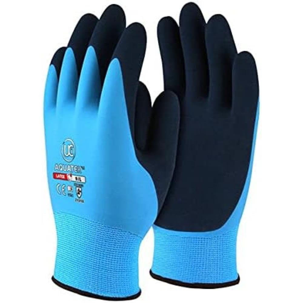 UCI Unisex AQUATEK Dual Coated Latex Gloves - X Large - 10 works, Blue, Black, XL (Pack of 10)