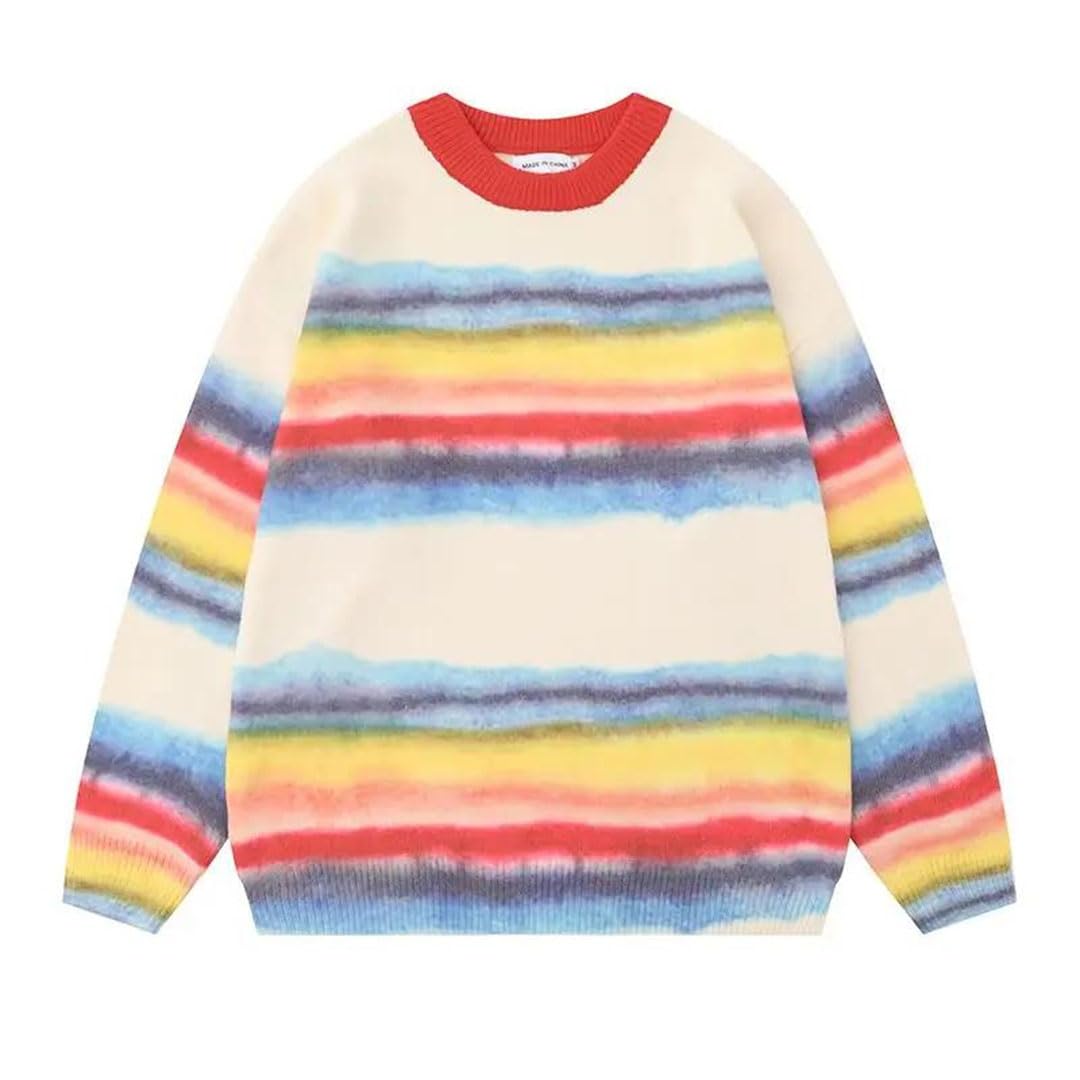 Damski sweter oversize tęczowe paski okrągły dekolt dzianina szwy kolor swobodny styl sweter z długim rękawem