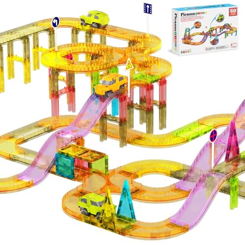 Image of PicassoTiles 60pc Magnetic Tile Race Car Track Set STEM Construction Road Kit Building Blocks for Kids Toddlers Age 3 Plus Educational Travel Toy Sensory Preschool Learning for Boys and Girls PTMR60