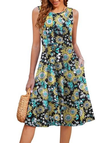 Image of HOTOUCH Summer Casual Dresses for Women Sleeveless Midi Dress Swing Tank Sundress Pleated Tshirt Dress with Pockets