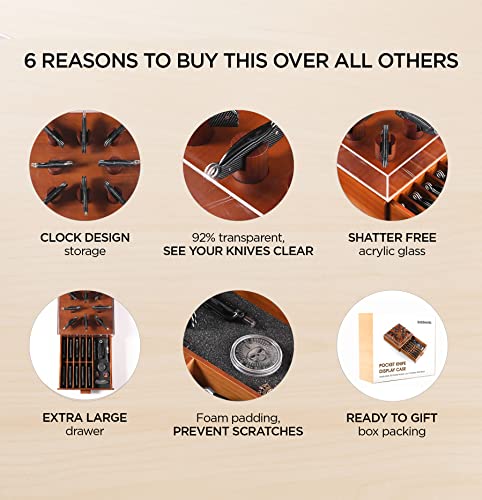 Pocket Knife Display Case Pocket Knife Case Pocket Knife Holder Stores Upto 30 Knives In Two-Tier Pocket Knife Storage With Shatterproof Acrylic Glass Top Large Wooden Shelf And Walnut Color Finish #TOP6