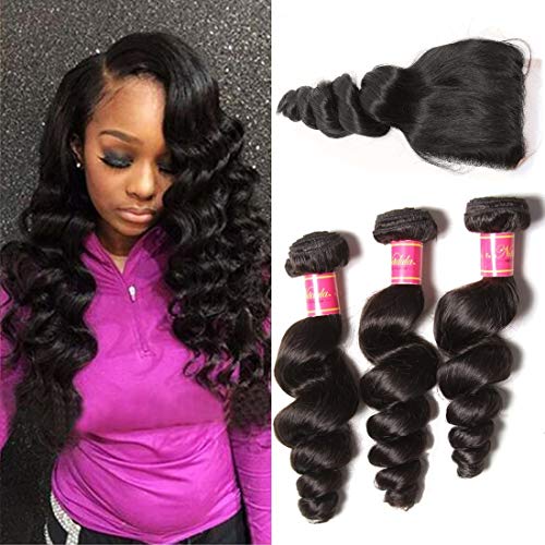 Nadula Brazilian 8A Loose Wave Remy Virgin Human Hair Weave Pack of 3 Hair Extensions Natural Color (20 with 22 24 26