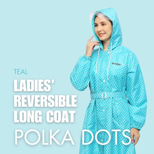 Image of Citizen Polyester Reversible Casual Style Raincoat For Women With Inbuilt Hood,Waist Belt & Matching Carry Pouch|Stylish Polka Dot Design|Durable & Lightweight Rainsuit With High Tearing Strength