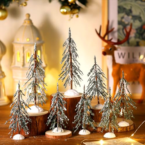 Uiifan 8 Pcs Christmas Village Trees Xmas Faux Artificial Small Tree Tabletop Artificial Trees Plastic Christmas Decorations for Home Indoor Christmas Accessories Party Decoration