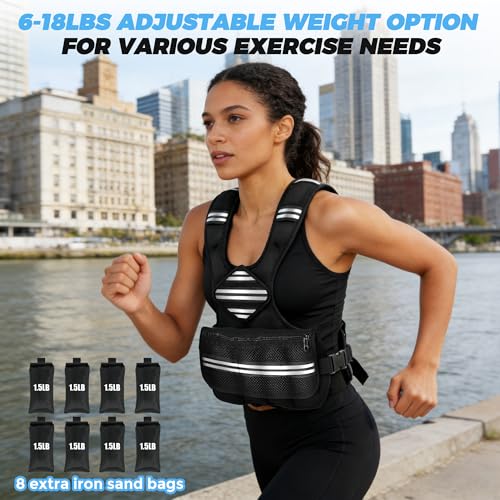 Image of 18 LBS Adjustable Weighted Vest Women Men, Weighted Walking Vest with 8 Iron Weights & Reflective Strip, Strength Training Weight Vests for Walking Running Workout, Large Zippered Pocket