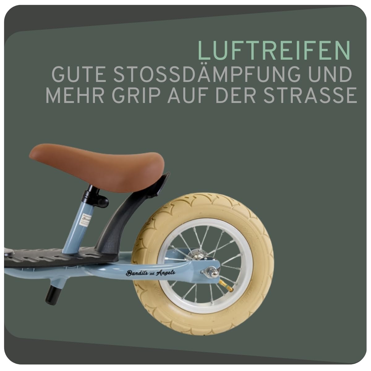Bandits & Angels Metall-Laufrad Starter Retro mit Trittbrett ab 2 Jahren – grünes Laufrad – Verstellbarer Sattel 29 bis 39 cm – für Jungen und Mädchen – niedriger Einstieg mit Trittbrett