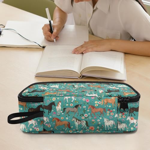 Image of Horse Floral Women Pencil Pouch Large Capacity,Girls Penci Bag for Children Lightweight Penci Pouch for Age 3-16 Kids Pencil Box with Mesh Pocket Box Pencil for Boys Teenagers