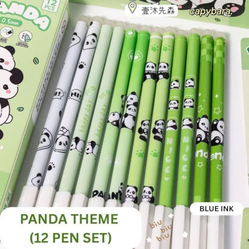 Image of UCRAVO Erasable Gel Pens Pack of 12 | Cute Panda Fine Tip Blue Ink Pens with Eraser | Smooth Writing Retractable Gel Pens for Students, School, Office, Journaling, Notes, Planner & Kids Stationery