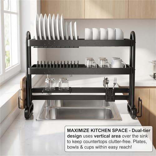 Escurridor de platos de acero inoxidable con dos niveles, soporte para utensilios, secado y drenaje eficientes, organizador de cocina que ahorra espacio, grado 304 para mayor durabilidad