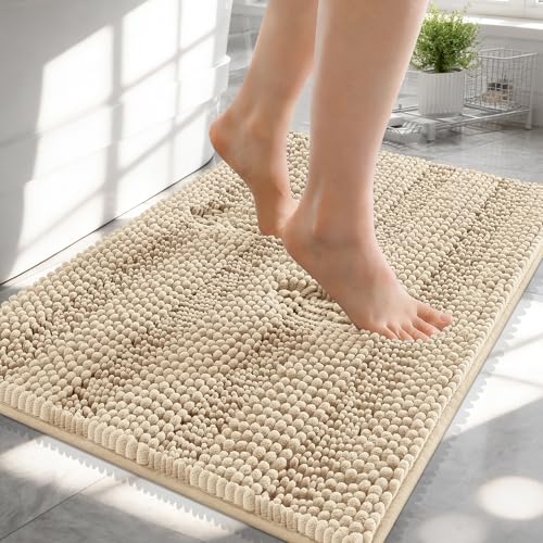 Image of OLANLY Thick Small Bathroom Rugs 24x16, Extra Soft Absorbent Chenille Striped Bath Rugs, Rubber Backing, Machine Wash, Bath Mats for Bathroom Floor, Tub and Shower, Home Decor Accessories, Beige