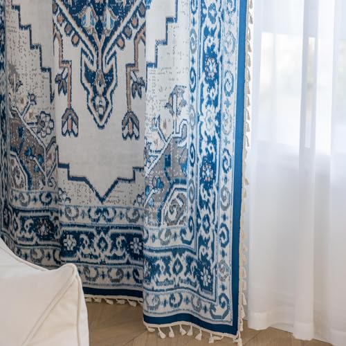Image of Blue Geometric Curtains 96 Inches Long, Boho Farmhouse Light Filtering Rod Pocket Drapes with Tassel Trim for Bedroom Living Room, 2 Panels